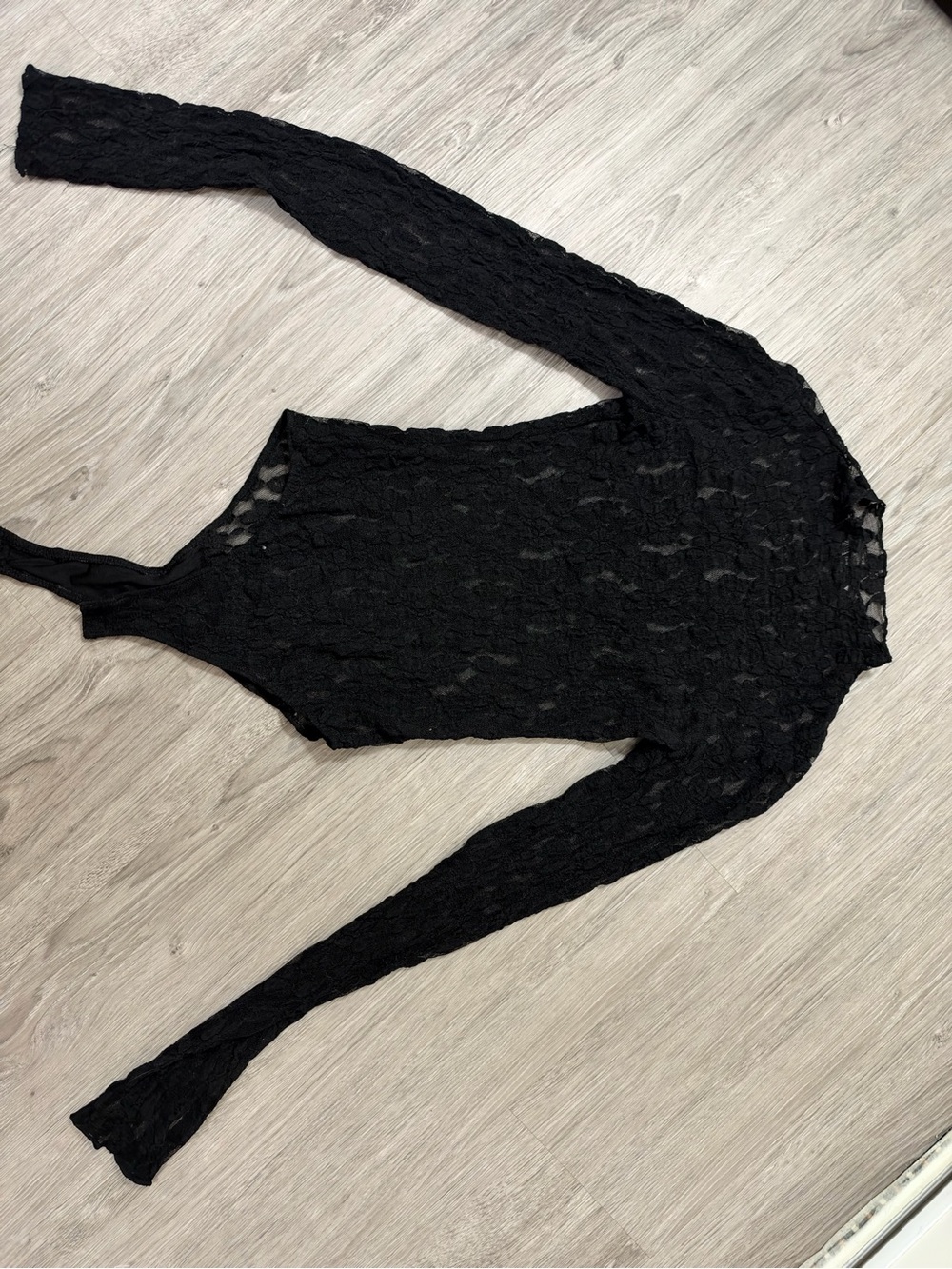 Zara Black Sheer Lace Long-Sleeve Bodysuit